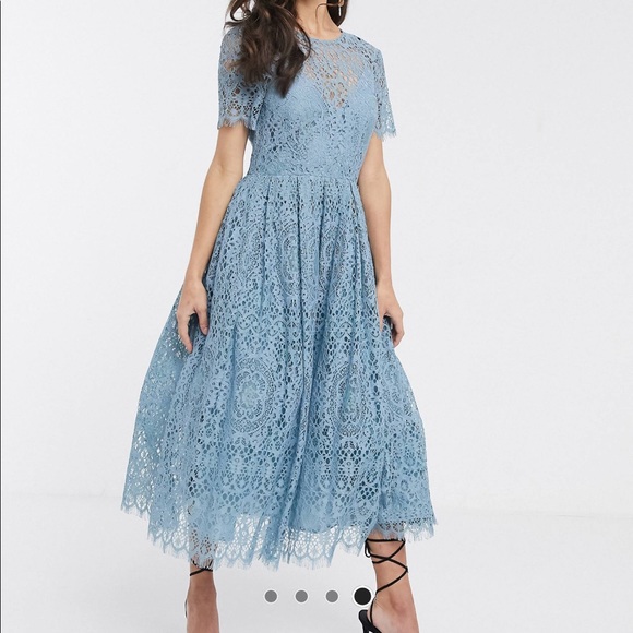 Blue Lace Midi Dress with ribbon tie and open back - Picture 3 of 13